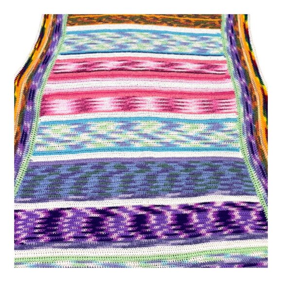 VTG Handmade Striped Crochet Afghan Blanket Purple Pink Blue Border Sofa Throw - Picture 2 of 4